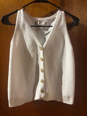 LOFT Cream V-Neck Button-Front Knit Sleeveless Sweater
